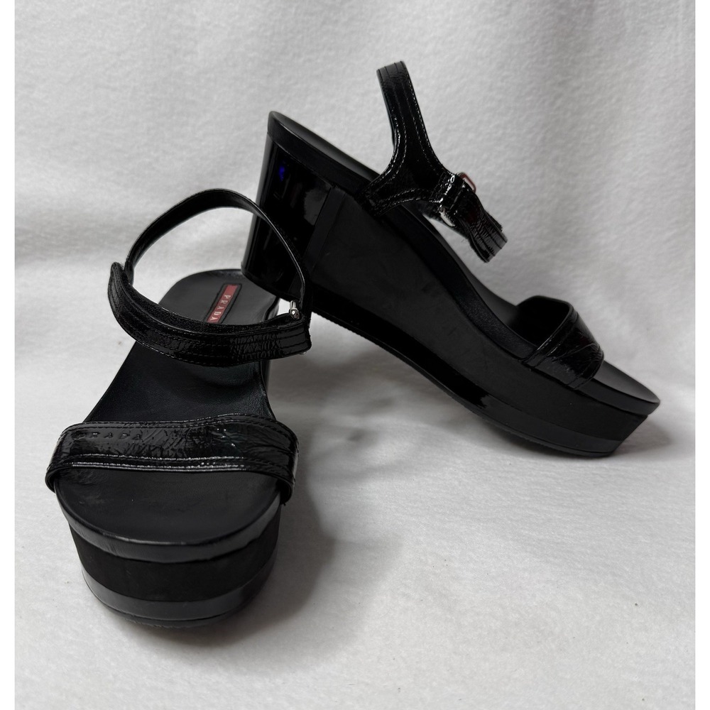 Prada Black Patent Leather Strap Sandal Shoes Wedges Size US 6.5 Y2K Festival